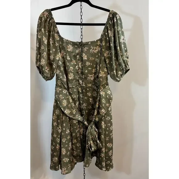 Arula Floral Cottagecore Dress Puff Sleeve Milkmaid Tie Front Green 1X estimated - Picture 5 of 11